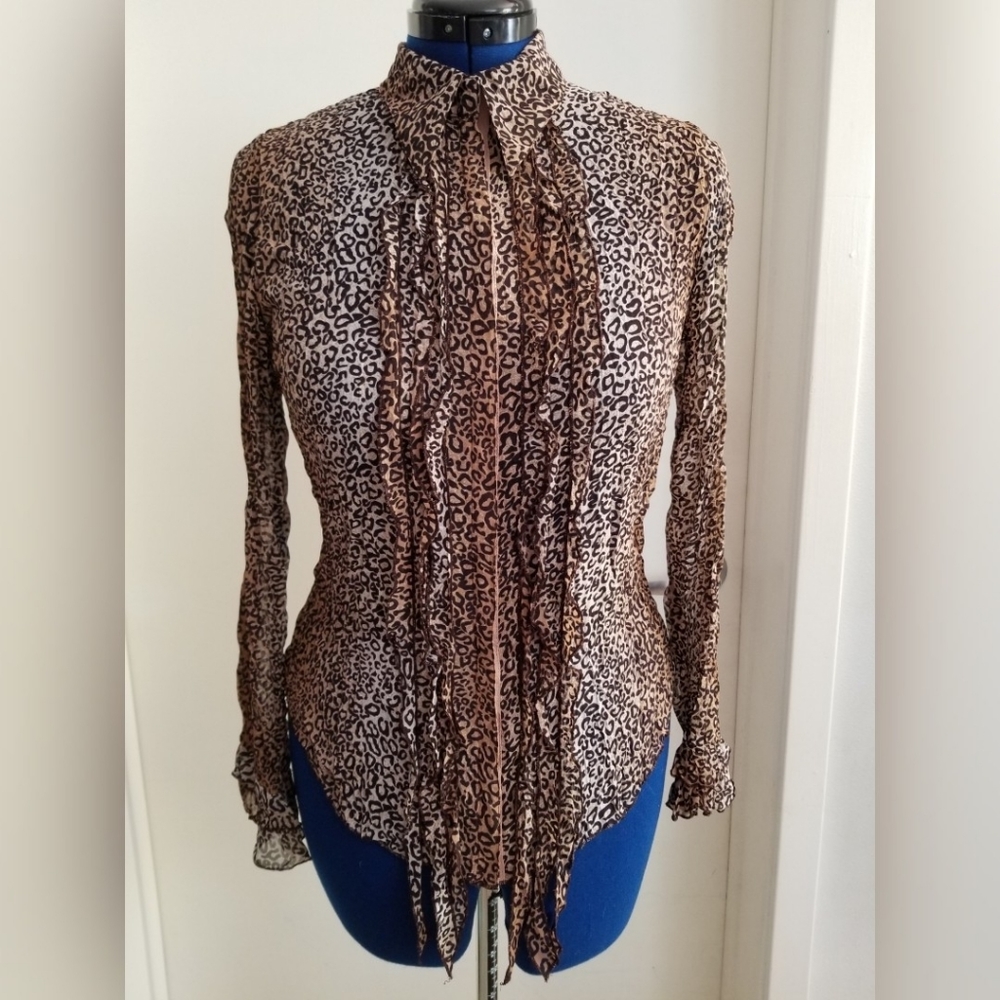 Le Caviar Ruffle Ruched Sheer Blouse (M)